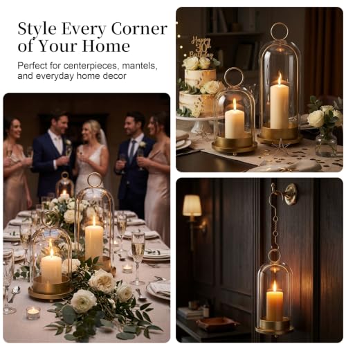 Gold Hurricane Candle Holders Set of 2 with Glass Dome, 4" & 5" Wide – Fohil Metal & Glass Centerpiece