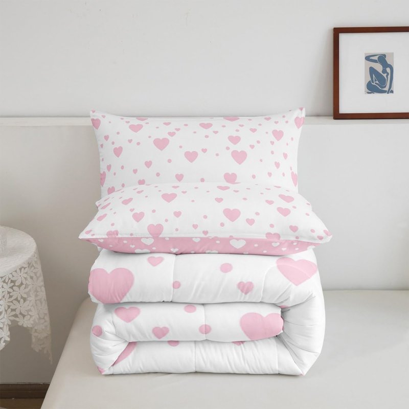 Feelyou Hearts Bedding Set Twin, Cute Love Hearts Comforter for Boys Girls Pink and White Reversible Comforter Set Geometric Pattern Duvet Set Decorative with 1 Pillow Case Reversible
