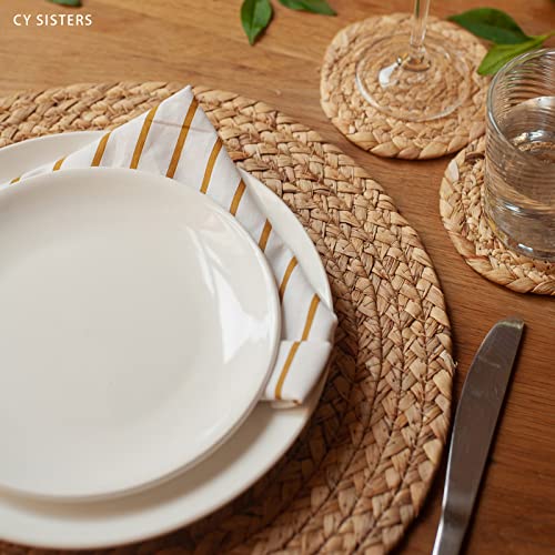 Round Woven Water Hyacinth Placemats, 13.5-Inch Braided Table Mats, Set of 6