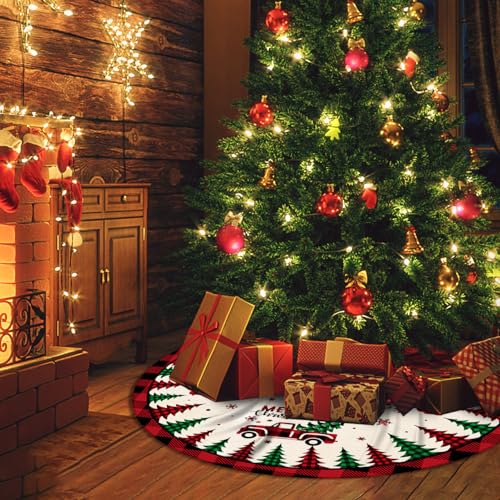 Red Buffalo Plaid Christmas Tree Skirt - 48 Inch Plush Holiday Mat