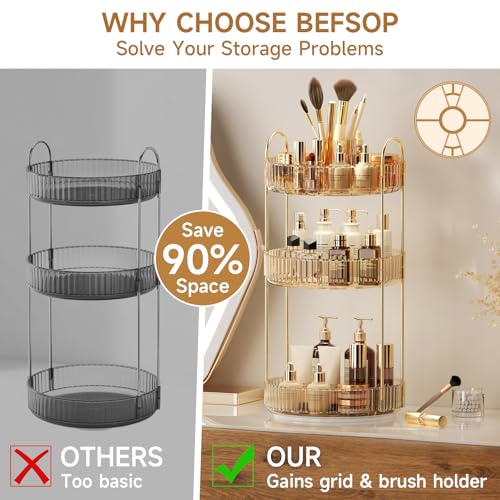 BEFSOP 3-Tier Gold Rotating Makeup Organizer with Brush Holder - Upgraded Clear Cosmetic Storage for Women