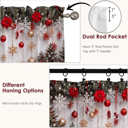 ZORKET Xmas Poinsettia 36W x 55L 3-Piece Kitchen Curtain Set with Valance (Over Sink) - Holiday Window Decor