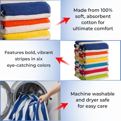 100% Cotton Cabana Stripe Beach Towels, Large Absorbent Pool Towels - 6 Pack