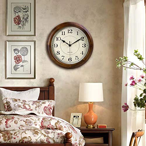 14-Inch Silent Wood Wall Clock, Large Non-Ticking Retro Analog Clock