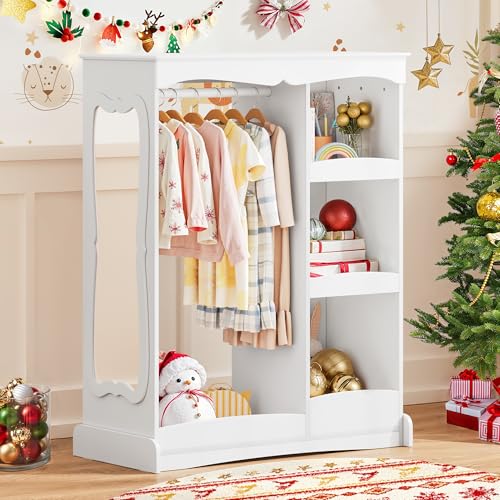 Kids Dress Up Storage Wardrobe with Flower Mirror and Hanging Rail