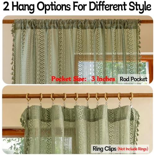 Sutuo Home Sage Green Boho Lace Sheer Curtains 2 Panels, 50x108 in