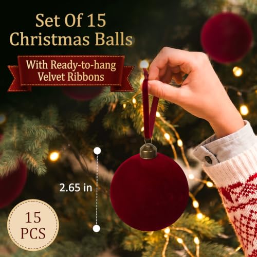 Nhohobiy 15Pcs Burgundy Red Velvet Christmas Tree Ball Ornaments, 2.65in Flocked Xmas Balls - Red / 15Pcs