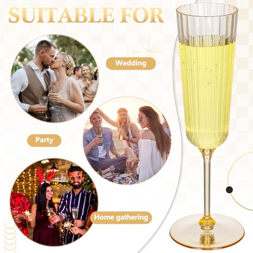 Jingmore 48 Pcs Gold Plastic Ribbed Champagne Flutes 6.4 oz for Parties
