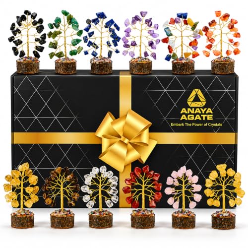 Gemstone Tree Set of 12 - ANAYA AGATE Mini Crystal Bonsai Gift Set for Chakra Healing