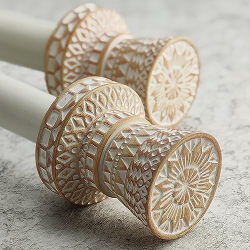 Boho Carved Curtain Rod Finials, White-washed Polyresin, Set of 2
