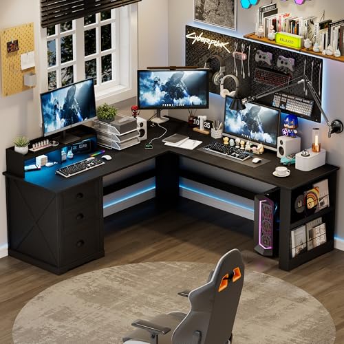 59-Inch L-Shaped Computer Desk with Drawers, LED Lights & Charging Station