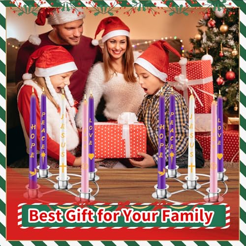 Advent Wreath Candle Holder Set with 5 Taper Candles - Silver Christmas Ring