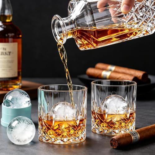 QUMMFA Whiskey Glass Set with Ice Ball Molds - 16 pcs, 11 oz Old Fashioned Glasses for Bourbon & Scotch, Gift Box