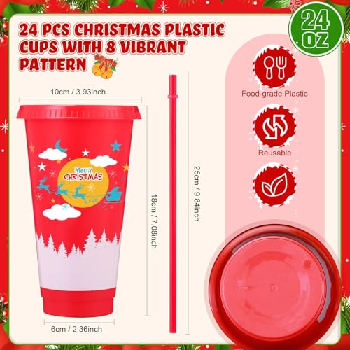24 Pack Reusable Christmas Tumblers with Lids & Straws, 24oz Holiday Party Cups