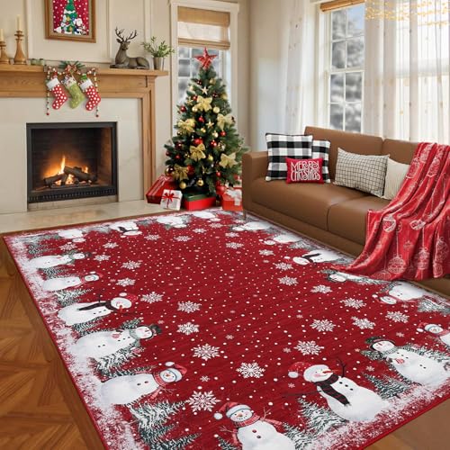 GarveeHome Snowman Red Christmas Area Rug 8x10 Non Slip Holiday Decor