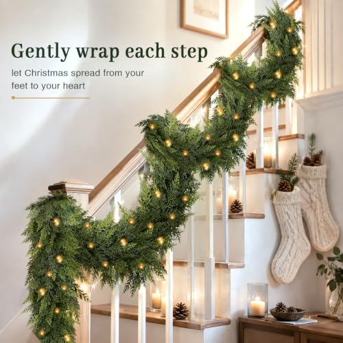 ICX 2Pcs 9.8FT Pre-Lit Cedar Garland with LEDs, Outdoor/Indoor Christmas Decor