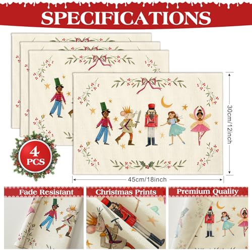 OTOSTAR Nutcracker Christmas Placemats Set of 4 - 12x18 Inch Holiday Table Mats Beige