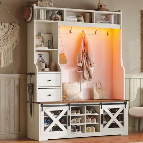 75-Inch Farmhouse Hall Tree with Shoe Bench, LED Lights & Storage Cabinets