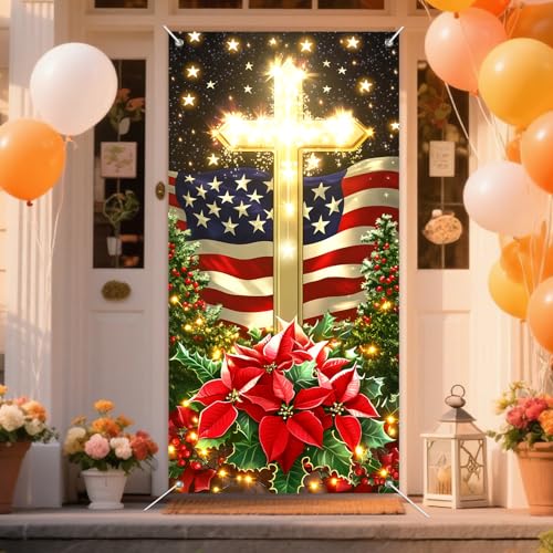 IVN Patriotic Cross Door Cover Christmas Flag with Poinsettias and Gold Cross - 35x71 Inch