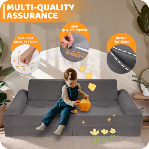 12-Piece Modular Kids Play Couch, Grey Soft Foam Toddler Sofa