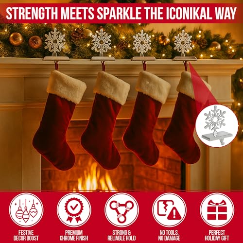 Chrome Snowflake Christmas Stocking Holders - Weighted Metal 4-Pack