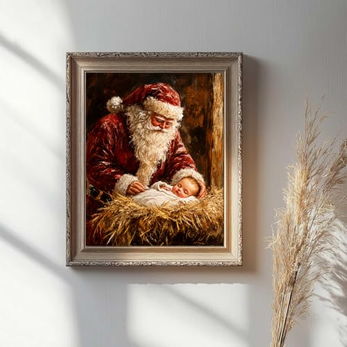 XOCUUI 8x10 Santa with Sleeping Baby Nativity Canvas Print - Framed? Unframed Holiday Wall Art