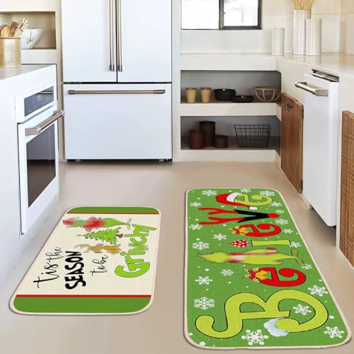 2-Piece Christmas Kitchen Rug Set, Non-Slip Washable Holiday Floor Mats