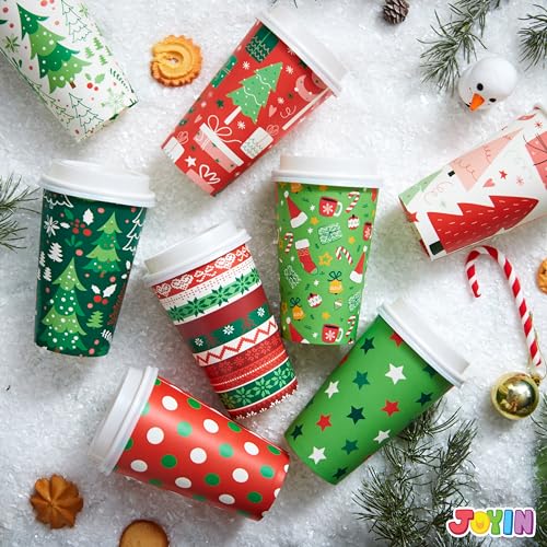 JOYIN Bright 24 Pack Christmas Disposable Paper Cups 16 oz with Lids & Sleeves