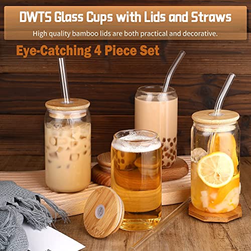 16oz Glass Cups with Bamboo Lids and Straws, Set of 4 Iced Coffee Tumblers