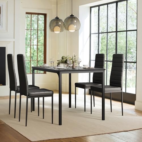 Gizoon 5-Piece Dining Table Set for 4 with Black PU Chairs – Modern Kitchen Furniture