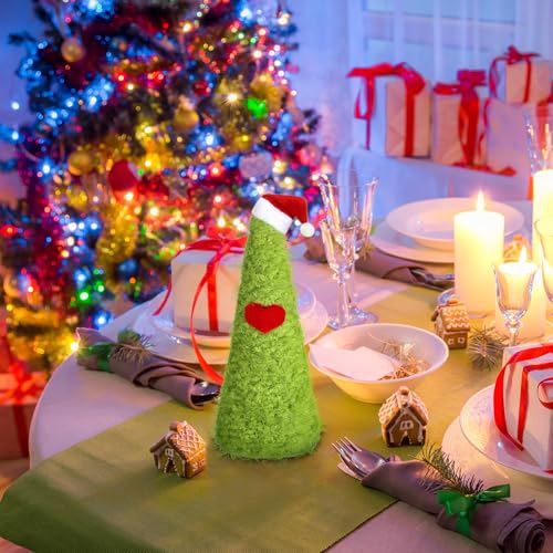 Mini Furry Lime Green Christmas Tree with Santa Hat, 9.84" Tabletop Decor