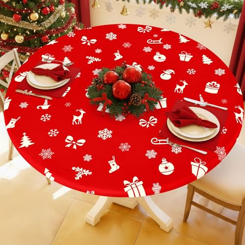 Round Spandex Christmas Red Fitted Tablecloth for 45"-56" Tables