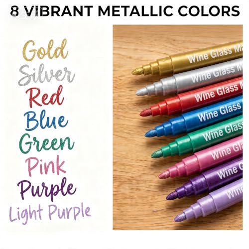 Wine Glass Markers - 8 Metallic Washable Pens for Drinks & Glasses