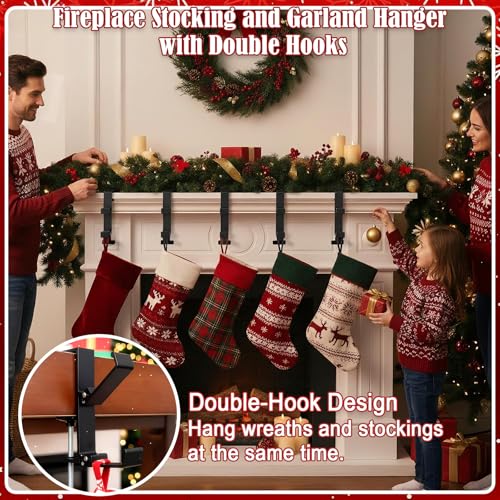2-in-1 Adjustable Mantel Garland and Stocking Holders, Heavy-Duty No-Drill Hooks