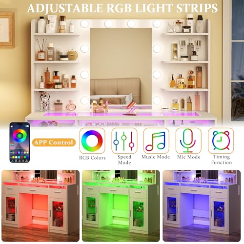 Makeup Vanity Desk with Mirror, LED Lights, Power Outlet and Storage