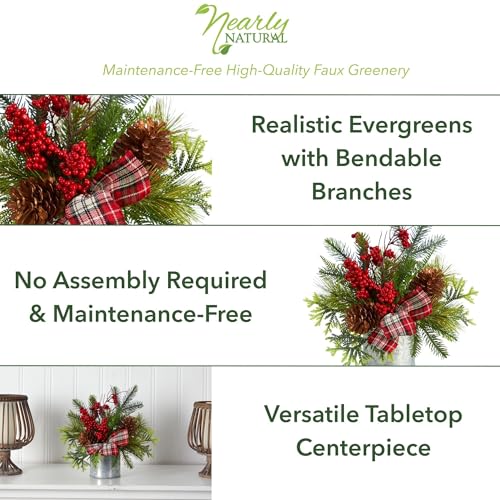 Nearly Natural 10x8x12in Winter Berry & Pinecone Artificial Holiday Arrangement in Vase