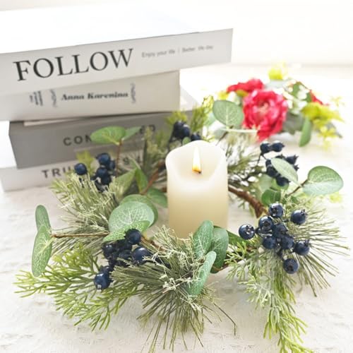 Artificial Norfolk Pine Candle Ring with Blue Berries, 12-Inch Christmas Decor