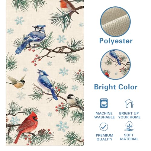 Croar Winter Birds Table Runner 13x72 Inch, Cardinal Blue Jay Robin Chickadee Decor