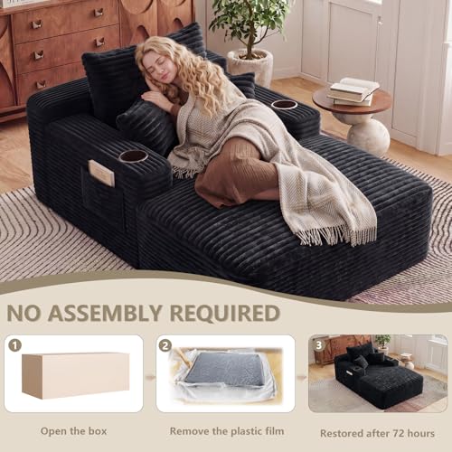 65" Oversized Corduroy Chaise Lounge Chair with Cup Holders and Pillows
