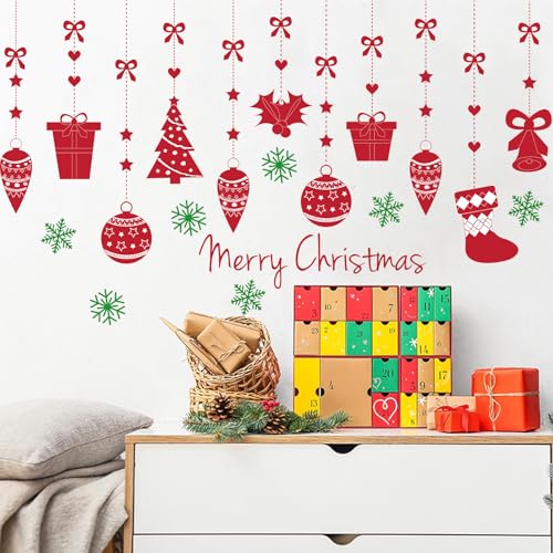 BYOCEW Merry Christmas Pine Tree Snowflake Wall Decals - Red