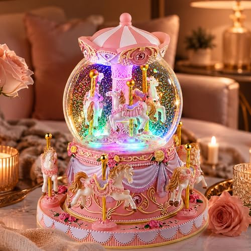 Carousel Snow Globe Music Box with Rotating Horses, LED Lights & Glitter