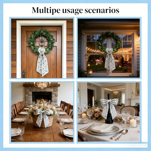 Blue Floral Wreath Sash 2Pcs Satin Garland Ribbon for Front Door Decor