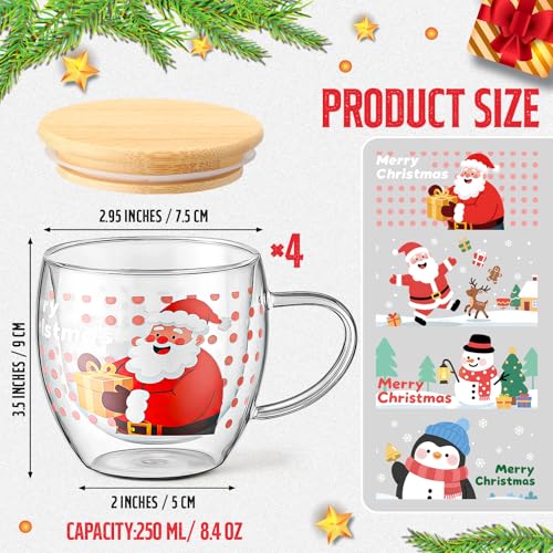 Christmas Double Walled Glass Mug Set with Lids - 8.5 oz Holiday Drinkware