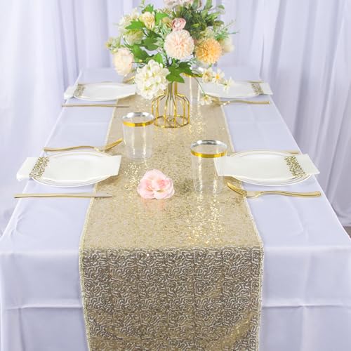 CHHEART Champagne Gold 12x120 Inch Sequin Table Runners (Pack of 6)
