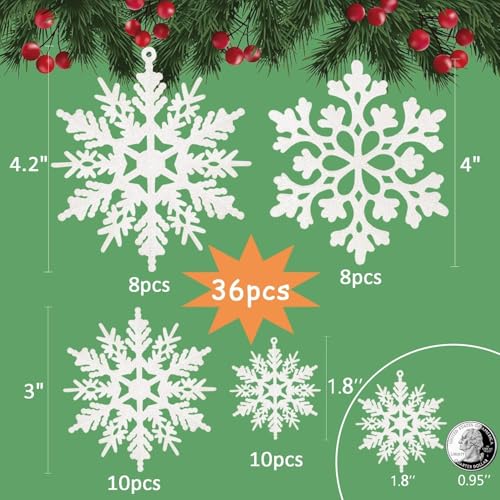 White Glitter Snowflake Christmas Tree Ornaments - 36 Pack Shatterproof Set