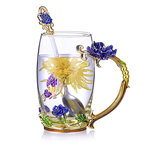 Kaiyuan Dynasty Blue Tall Enamel Glass Coffee Mug with Rose & Butterfly Design Set with Spoon