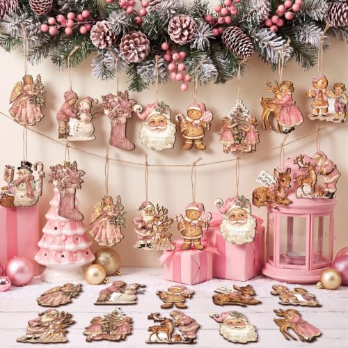 Huwena 36Pcs Pink Christmas Tree Ornaments - Vintage Snowman, Angel, Gingerbread & Santa