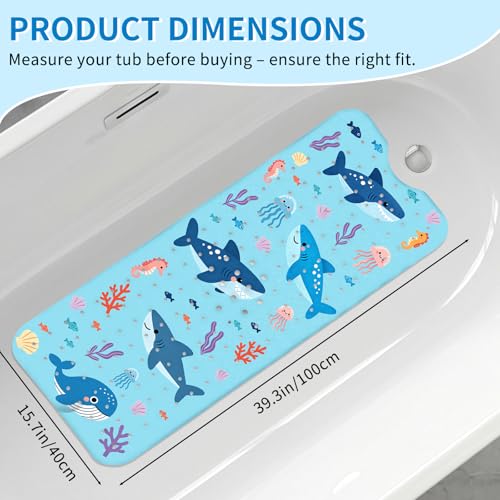 Shark Bath Mat for Tub, Extra Long Non-Slip Shower Mat with Suction Cups