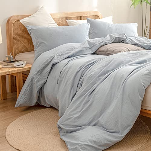 100% Washed Cotton Duvet Cover Set - Queen, Cornflower Blue (3-Piece)