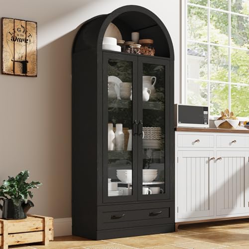 75" Tall Arched Kitchen Pantry Cabinet with Glass Doors and Drawer